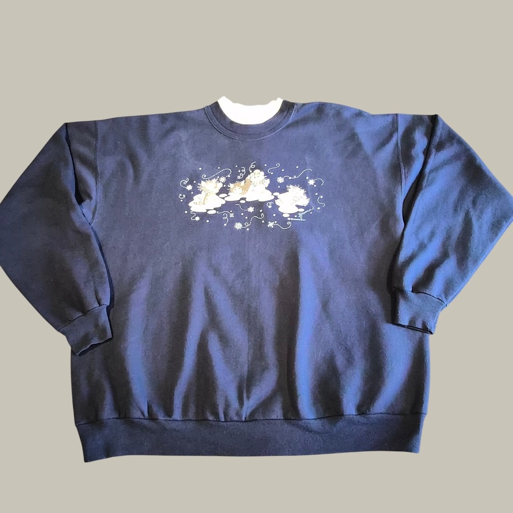 Vintage Morning Sun Kitten Snowman Sweatshirt Navy Blue Mock Neck B. Hamer